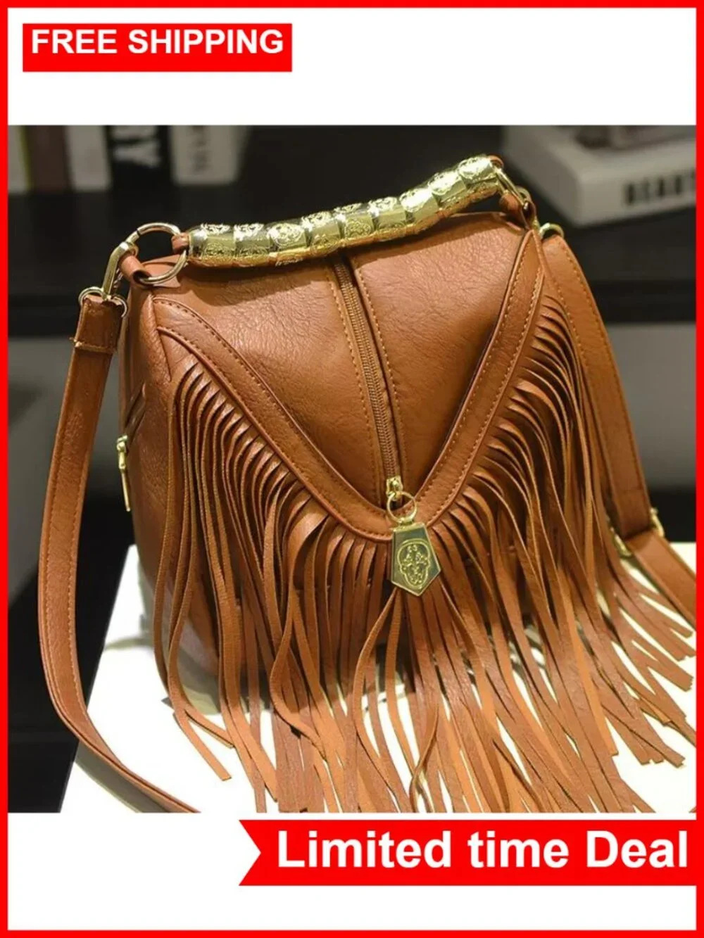 Vintage Tassel Fringe Hobo Crossbody Bag Women PU Leather Bohemian Shoulder